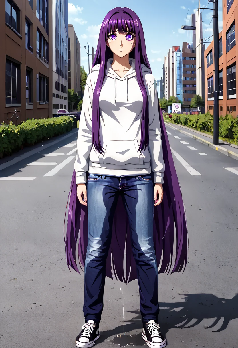 (masterpiece:1.37), best quality, (extremely detailed:1.37) woman, (adult:1.5), (very long hair:1.5), dark purple hair, purple eyes, (extremely detailed eyes:1.37), breasts, hoodie, jeans, (wetting:2.0), standing straight, full body day, daytime, glow, facing viewer, perfect composition, full body, city, street