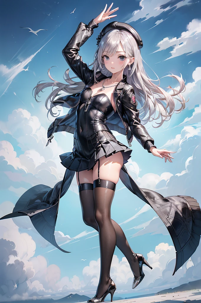 ((Biologically correct limb count))、(( From head to toe、Full-body photo including face))、4K、((Standing position))、masterpiece、((Focus on the face))、((Symmetrical facial features))、Eyes with detailed description、Beautiful woman、Great style、Beautiful arms、Beautiful legs、Beautiful Hands、(Small Ass、Thin thighs)、Facial detailing、Small earrings、necklace、(beret、Black leather jacket and pleated skirt、((High heels、Patterned stockings)))、(sky diving)、Spread your arms and legs wide to the left and right、Silk gloves、(((Silver Hair)))、(sea of clouds、Thick fog)