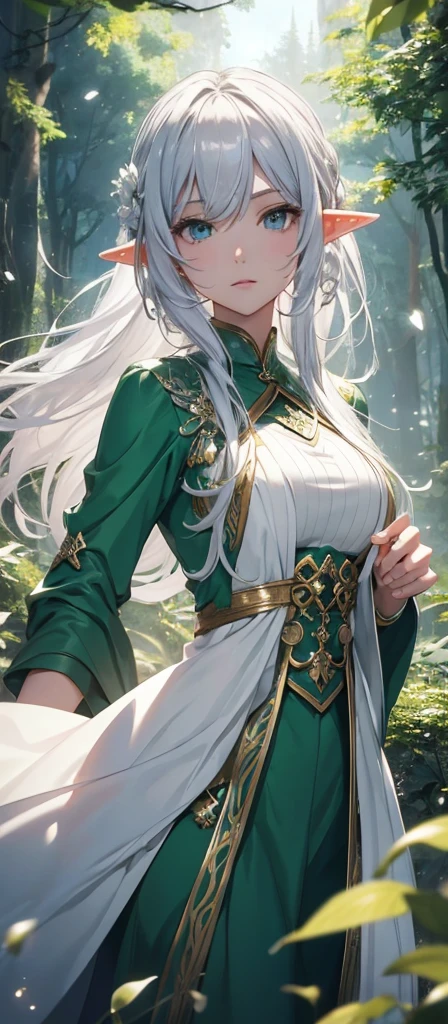 Elf　Very beautiful dress　Light　Silver Hair Girl　high and cold expression　Green Forest　magic　masterpiece超高清牛仔镜头 明亮的画面,HolyElf,Around 20 years old,Floating in the air,Top quality,Top image quality,masterpiece,Exquisite facial details,Holy,