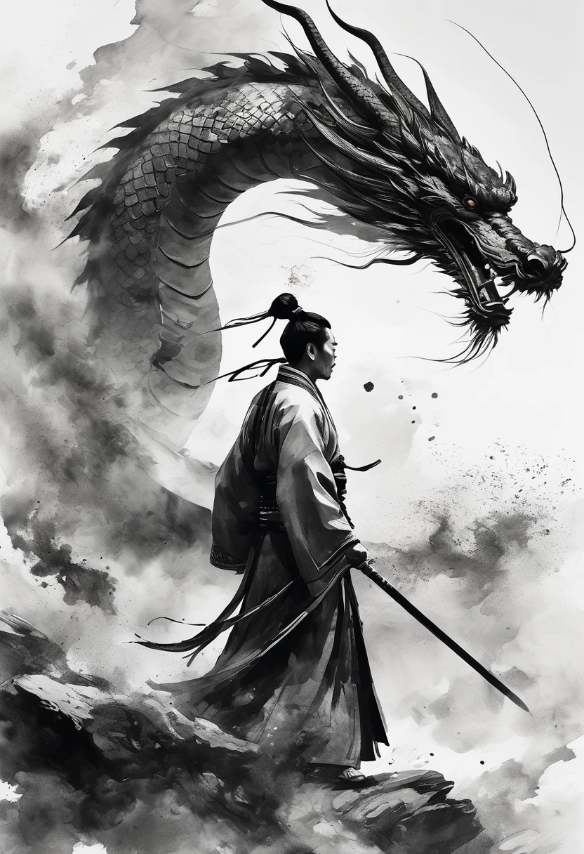 Epic Song Ink Lens，Chinese warrior wearing Hanfu fighting a dragon，POV perspective，First Person，Tradition Chinese Ink Painting style，Exaggerated perspective，thrilling moment，8K，Simple style，Style Wu Guanzhong