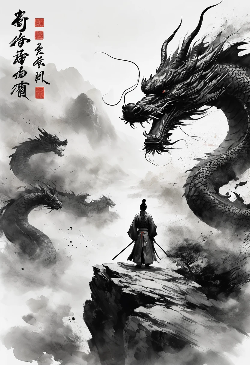 Epic Song Ink Lens，Chinese warrior wearing Hanfu fighting a dragon，POV perspective，First Person，Tradition Chinese Ink Painting style，Exaggerated perspective，thrilling moment，8K，Simple style，Style Wu Guanzhong