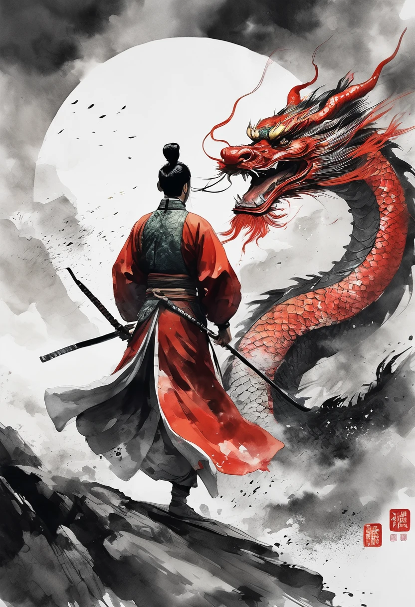 Epic Song Ink Lens，Chinese warrior wearing Hanfu fighting a dragon，POV perspective，First Person，Tradition Chinese Ink Painting style，Exaggerated perspective，thrilling moment，8K，Simple style，Style Wu Guanzhong