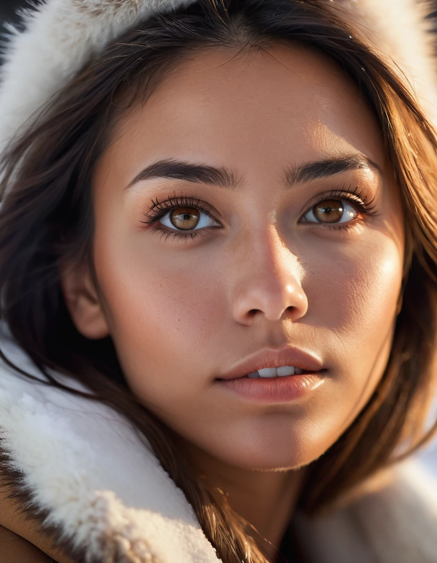 centered portrait photography, dutch angle shot, a stunning american native woman's face with highly detailed, tanned, fresh and young facial skin, delicate upturned nose, flesh lips, mesmerizing light brown eyes, golden hour, winter, cold day, snowing, close up, Phantom High Speed camera, urban emotions, uhd image, moody, detailed facial features, realistic_skin, natural_skin, sharp focus, (masterpiece), best quality, --ar 16:9 --style raw --v 5.2