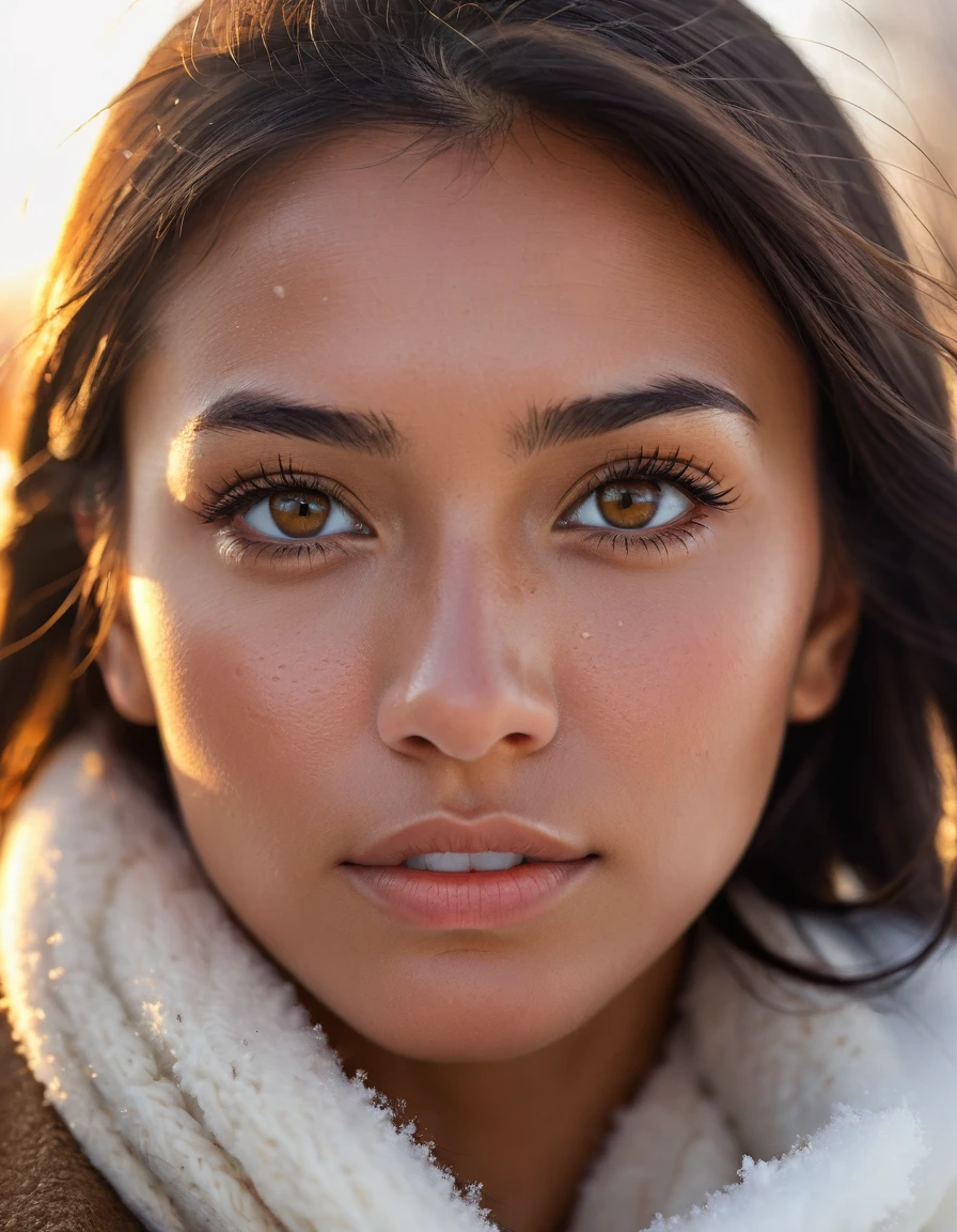 centered portrait photography, dutch angle shot, a stunning american native woman's face with highly detailed, tanned, fresh and young facial skin, delicate upturned nose, flesh lips, mesmerizing light brown eyes, golden hour, winter, cold day, snowing, close up, Phantom High Speed camera, urban emotions, uhd image, moody, detailed facial features, realistic_skin, natural_skin, sharp focus, (masterpiece), best quality, --ar 16:9 --style raw --v 5.2