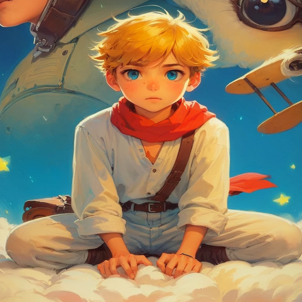 a cartoon of a boy sitting on a cloud with a dog, the little Prince, in the style of atey ghailan, anime key art, Artgerm and Atey Ghailan, Lucas Arts Aventura, Atey Ghailan 8K, concept art of a single guy, animated film, ghibli art style, ghibli animated film, atey ghailan y steve mccurry