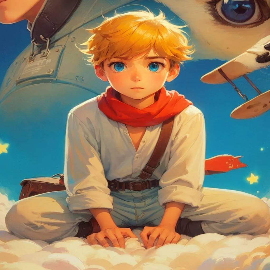 a cartoon of a boy sitting on a cloud with a dog, the little Prince, in the style of atey ghailan, anime key art, Artgerm and Atey Ghailan, Lucas Arts Aventura, Atey Ghailan 8K, concept art of a single guy, animated film, ghibli art style, ghibli animated film, atey ghailan y steve mccurry