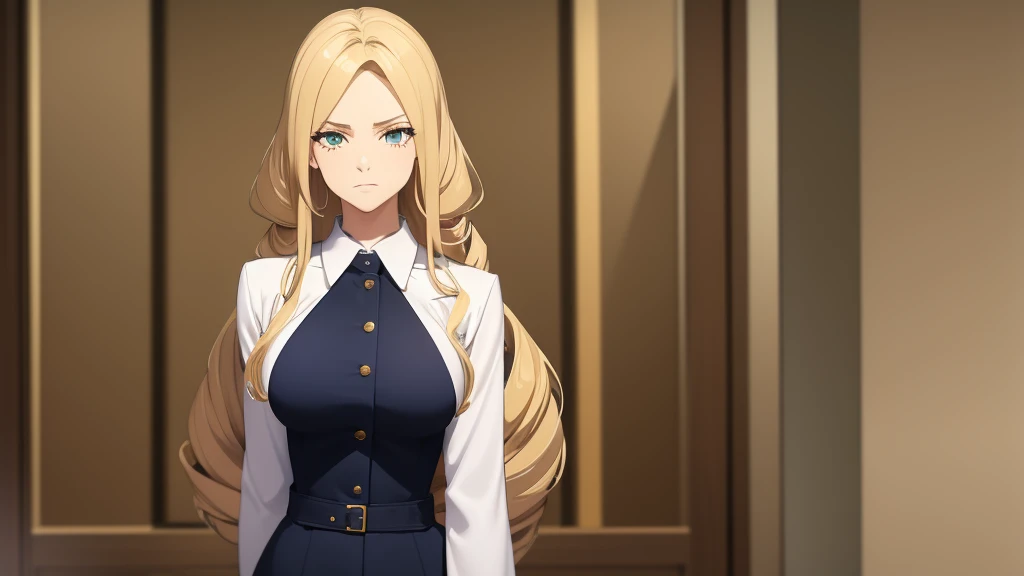 She is a tall blonde, with long golden blonde hair styled entirely in large coils. She is 30 years old and has green eyes, and wears a blue suit, always elegant. As school director, she dresses accordingly, with a seductive and imposing style. The woman looked at me with disdain, an expression of complete intimidation. Your attitude is as arrogant as it is impressive.
Your dress clings to your body, doubling its impact power when used by an attractive, confident woman. With a pretty face that doesn't fade even when you frown in annoyance, She's an impressive woman, with beautiful blonde hair and red eyes that match well. Your style is worthy of an anime, highlighting her striking presence has long golden blonde hair styled entirely in large coils