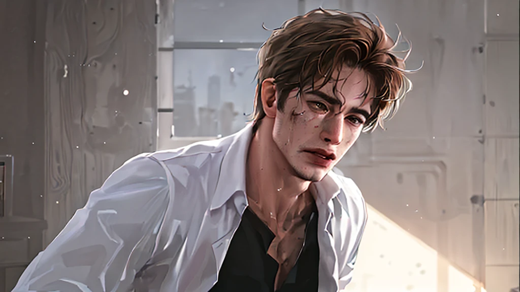 A middle-aged Caucasian male professor, handsome and attractive, wearing a white button-up shirt, teaching in a classroom, intense hunter eyes, muscular physique, sweating, messy short brown hair, strong defined jawline, (best quality,4k,8k,highres,masterpiece:1.2),ultra-detailed,(realistic,photorealistic,photo-realistic:1.37),detailed portrait,dramatic lighting,cinematic,chiaroscuro,warm color tones