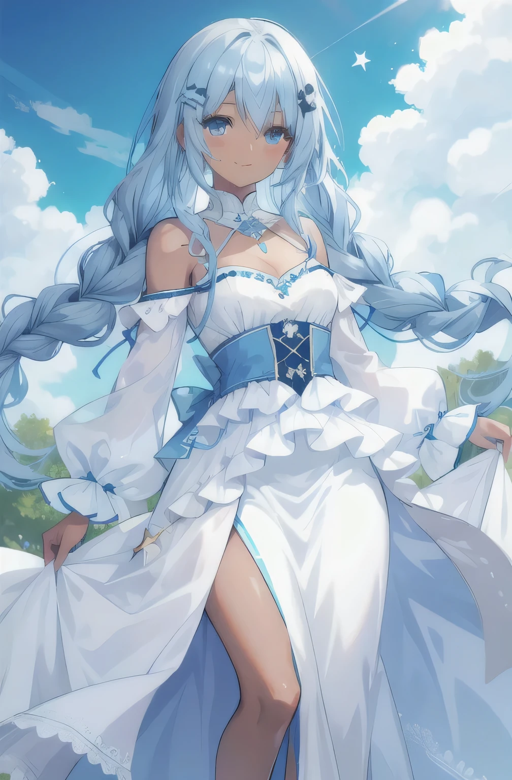 Dark-skinned female characters,Light blue hair, Long blue hair,white hair clip,Become a,Sky blue eyes,Smile,Braids draped over shoulders,Petite and thin,Proud,Sky blue dress,star motif,Wavy hair