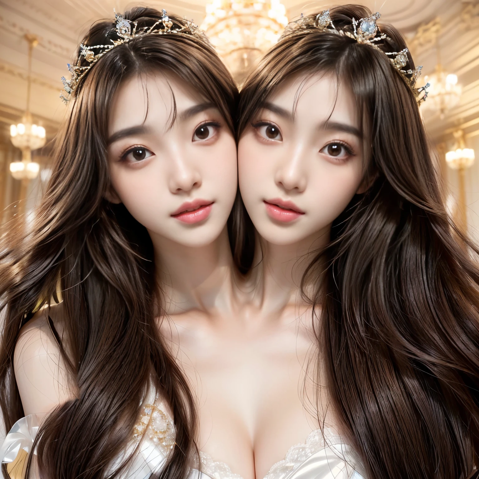 (2heads:1.2), princesses, tiaras, flowers in hair, crowns, in a ballroom, dancing, queens, two asian women with long brown hair posing for a picture, two beautiful anime girls, beautiful highly symmetric faces, ulzzang, sisters, korean symmetrical face, siamese twins, brown long and straight hair, popular south korean makeup