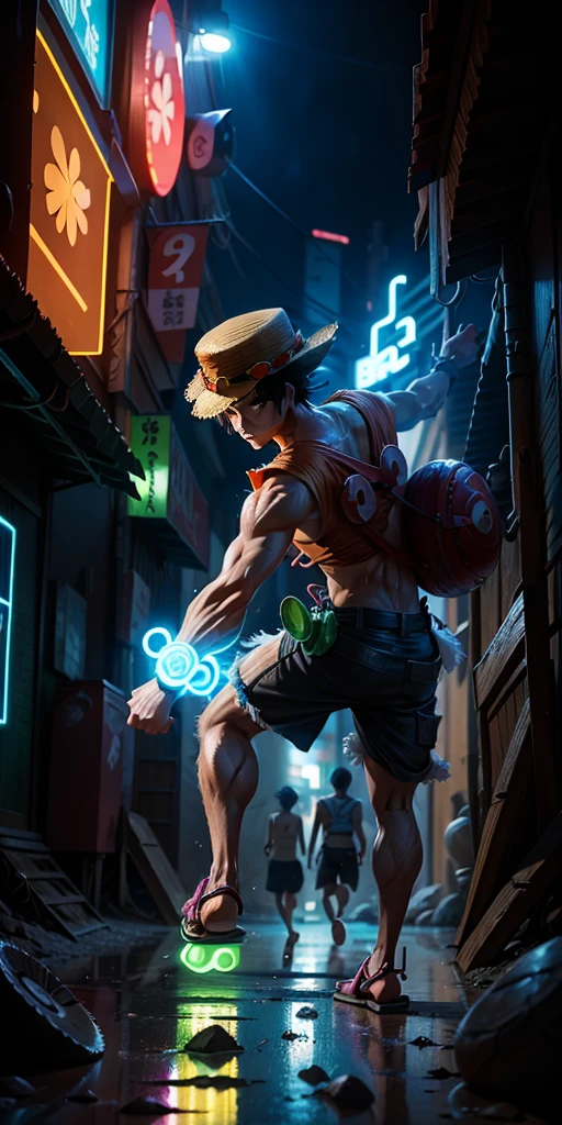 3D illustration(((Detailed))), Japanese anime「one piece」the protagonist of, Monkey D. Luffy, Armed with the latest protective gear, Beach sandals on your feet(((must)))The outline glows like a neon light, Running through a collapsing research facility in the dark, A dynamic appearance