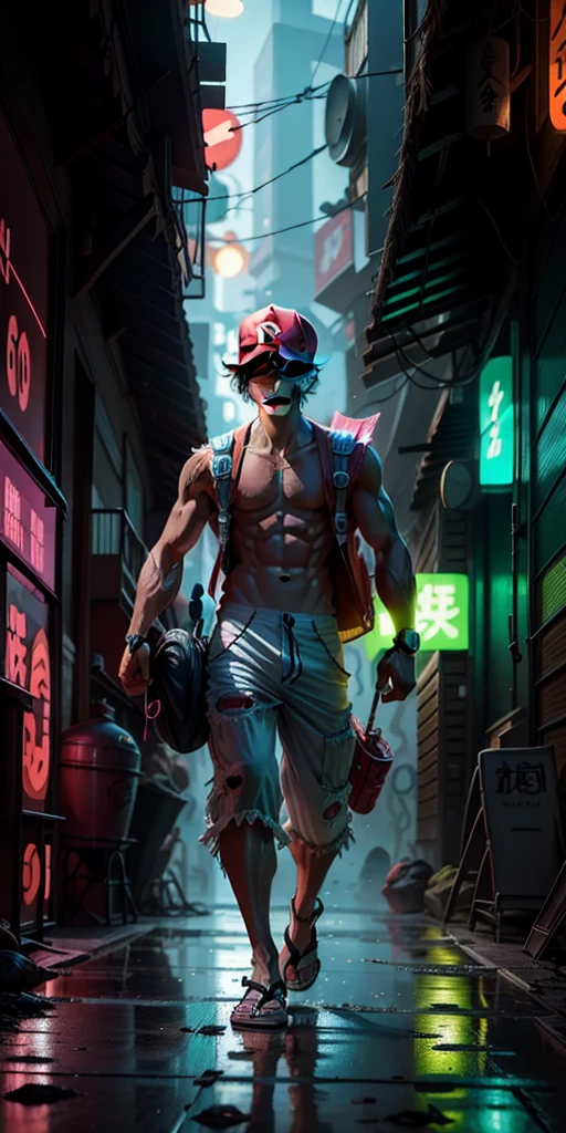 3D illustration(((Detailed))), Japanese anime「one piece」the protagonist of, Monkey D. Luffy, Armed with the latest protective gear, Beach sandals on your feet(((must)))The outline glows like a neon light, Running through a collapsing research facility in the dark, A dynamic appearance