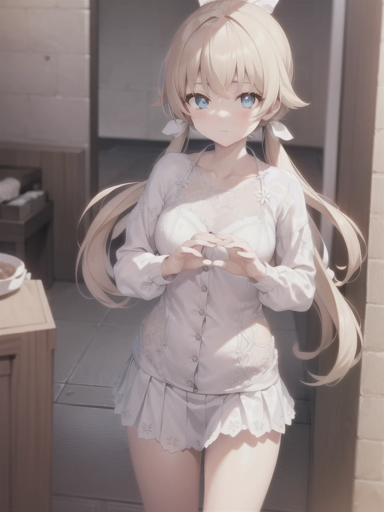 blond, Long hair, Ponytail, (blue eyes:1.5), (Medium Breast:1.2),
rest miniskirt, skirt, White shirt， Seto Fuku,Low-cut，cleveage，
rest looking at viewer,
rest indoors, bathhouse,
rest (masterpiece:1.2), best quality, high resolution, Unity 8K wallpaper, (illustration:0.8), (Beautiful and delicate eyes:1.6), Extremely detailed face, Perfect lighting, Extremely detailed CG, (Perfect hands, Perfect anatomical structure),