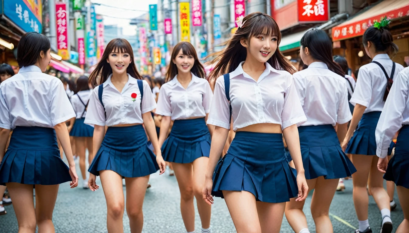 A vibrant festival scene in urban Japan, thousands of beautiful Japanese schoolgirls wearing short skirts and bras, bustling streets, dynamic energy, photorealistic, highly detailed, vivid colors, dramatic lighting, cinematic composition, masterpiece, full body,
