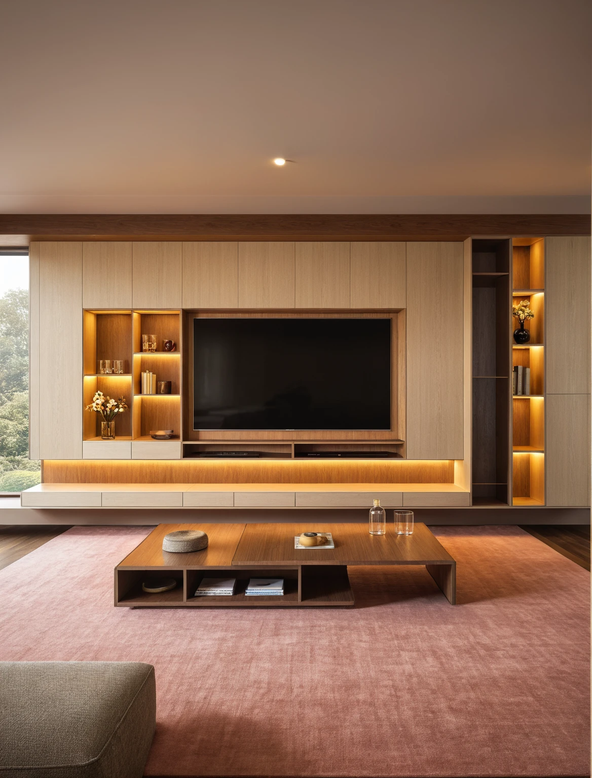 Raw photo,Masterpiece, high quality, best quality, authentic, super detail, interior , sunset, daylight, Modern luxury style living room, TV cabinet, TV, decorative cabinet, books, flower vases, bottles, tea table, tray, wine bottle, open book, carpet, wooden floor