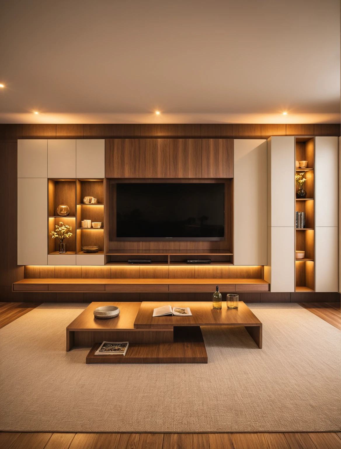 Raw photo,Masterpiece, high quality, best quality, authentic, super detail, interior , sunset, daylight, Modern luxury style living room, TV cabinet, TV, decorative cabinet, books, flower vases, bottles, tea table, tray, wine bottle, open book, carpet, wooden floor