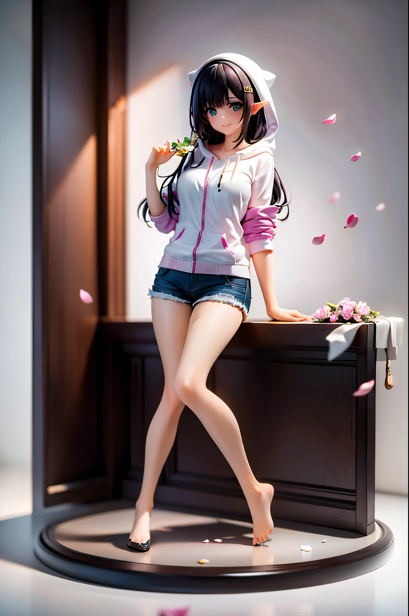 realistic image, detailed image, coherent image, 1 elf, has very long hair, black hair, turquoise eyes, smiling, showing her legs, She has a curvy body, medium breasts and thick thighs, she is wearing a hoodie, mini denim shorts, mid-thigh stockings, garter belts, She is posing sensually, arching her back, sprouting buttocks, full body view, falling flower petals, background surrounded by flowers, soft focus, dramatic shadows, lighting volumetric, natural lighting, artificial lighting, white background,