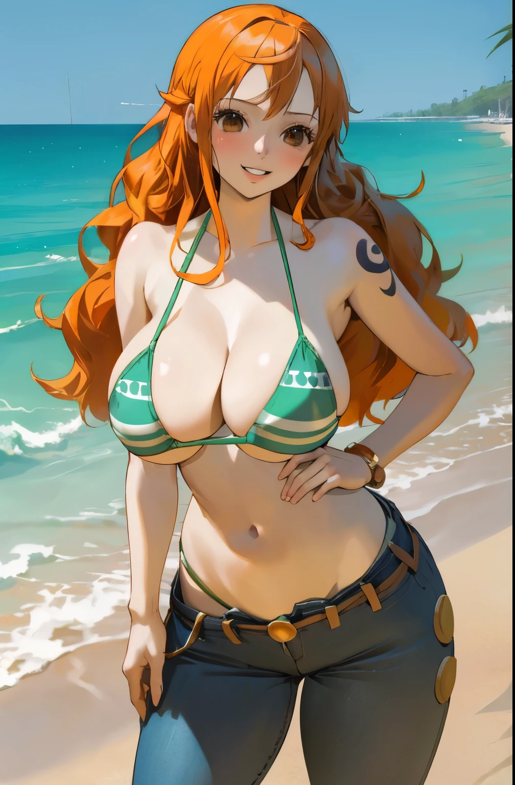 masterpiece, best quality, ultra-detailed, 1girl (namiop, Big and pretty breasts,   orange hair, long hair), wicked smile, parted lips, solo, bikini top, bikini bottom, wanostyle,  beach,  standing,  Sexy waist teasing, come-on, lure 