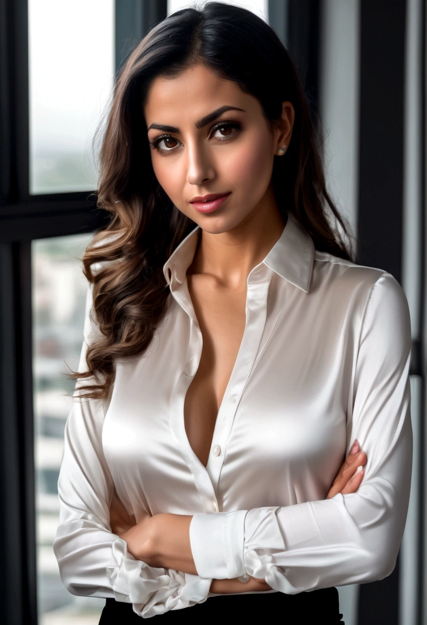 40-year-old arabic woman Sexy Tight white satin shirt Black short velvet skirt Office