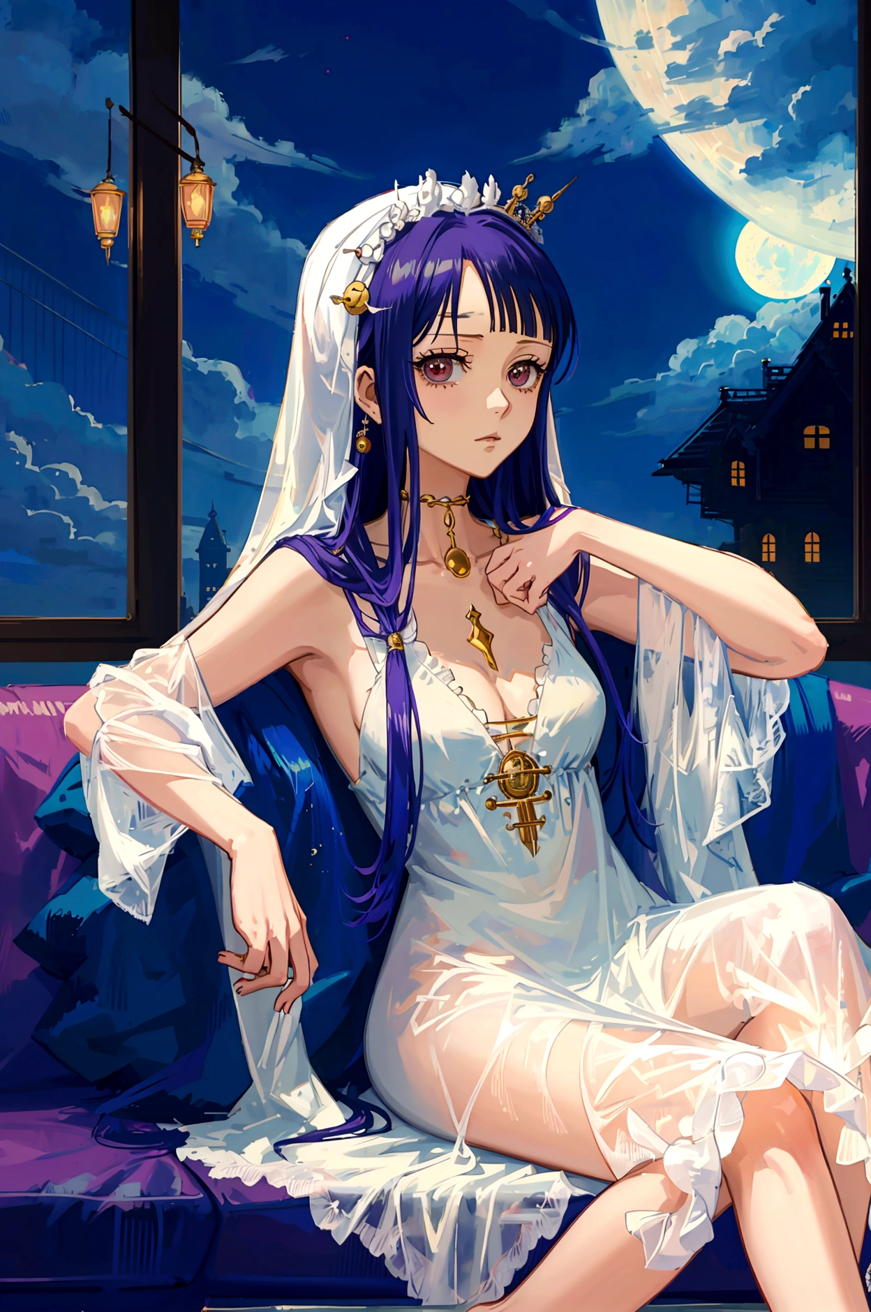 Create a high quality of One girl, solo,  from the anime One Piece, Boa Hancock, close up distance. Lounging down on a sofa beside the window, wearing a white silk dress, with a moon light reflected upon her. 