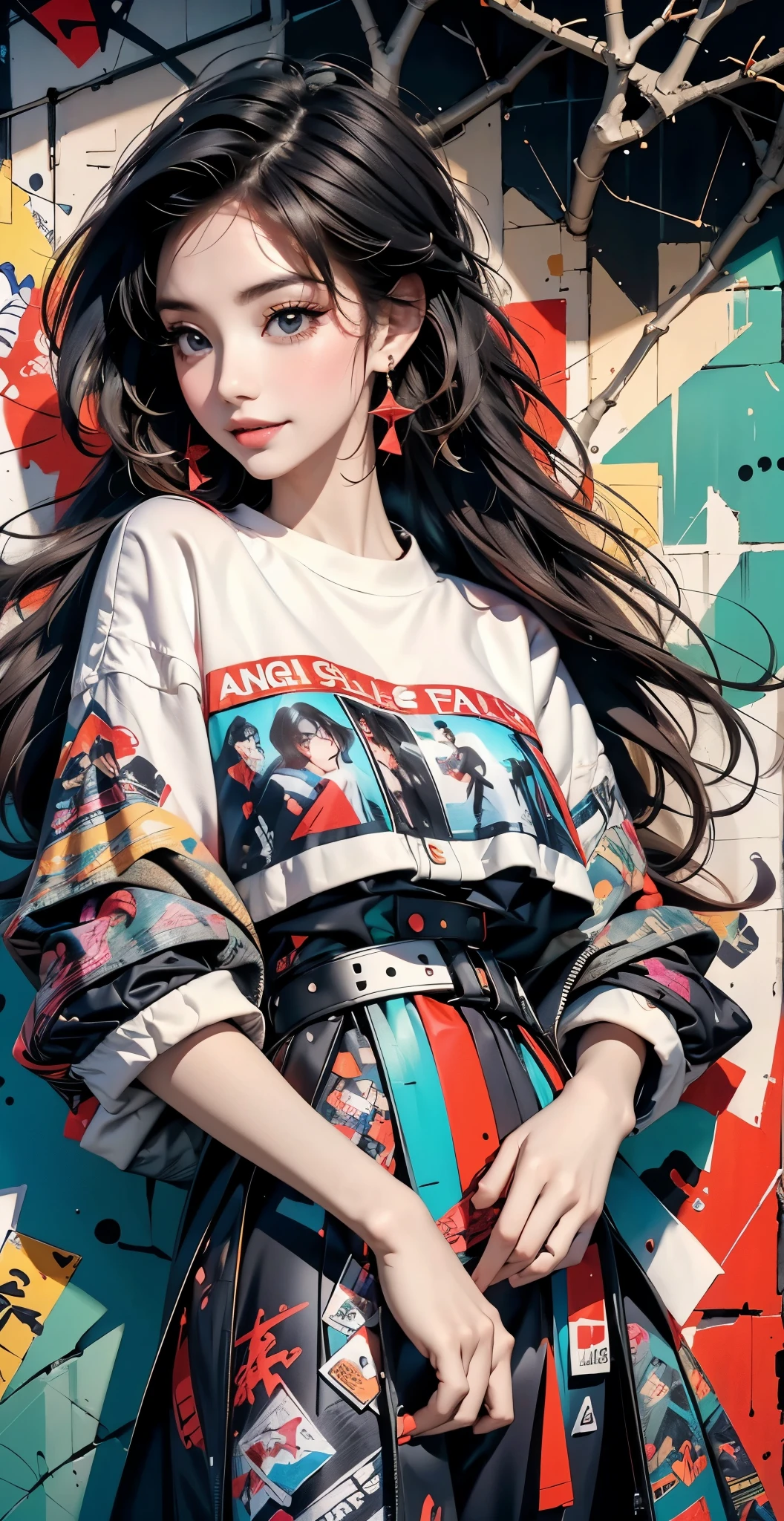 Flat Illustration artwork, ((Angelababy)) in a dress standing in front of simple background, up close, ((Art style by Patrick Nagel)), ((8k, wallpaper, detailed)), dark sunglasses, korean pop-star, big smile, black hair, pretty hands, fringe, simple red background, palm trees, (graffiti wall:1.2), strong, courageous, art by Patrick Nagel, music album art cover