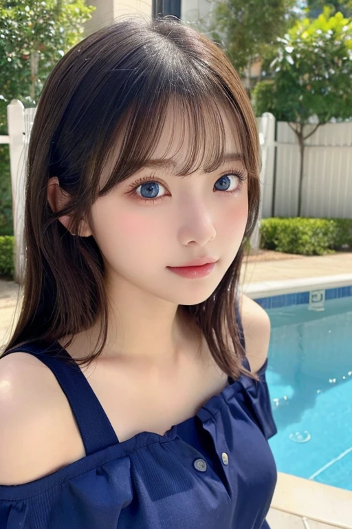 (Full body photo)、 girl), (Perfect hands:1.2), (Perfect Anatomy:1.2), (Highest quality:1.3), (masterpiece:1.3), (Very detailed:0.8), 18-year-old, Perfect Face, Cute and symmetrical face, Baby Face, Pink Lips, (:1.1), High resolution, 8K, Happy, charm的な (toru asakura: 1.3), (Beautiful Face: 1.1), beautiful girl, cute, charm, beautiful detailed 顔, blue eyes, detailed 目s, Sparkling eyes, charm的な目の反射, Sparkling eyes, Pupil depth and three-dimensional effect, Detailed skin, Shiny skin, Night Pool、Small Head,(((Small breasts)))、Off-the-shoulder shirt、She is leaning forward, exposing her erect nipples.
