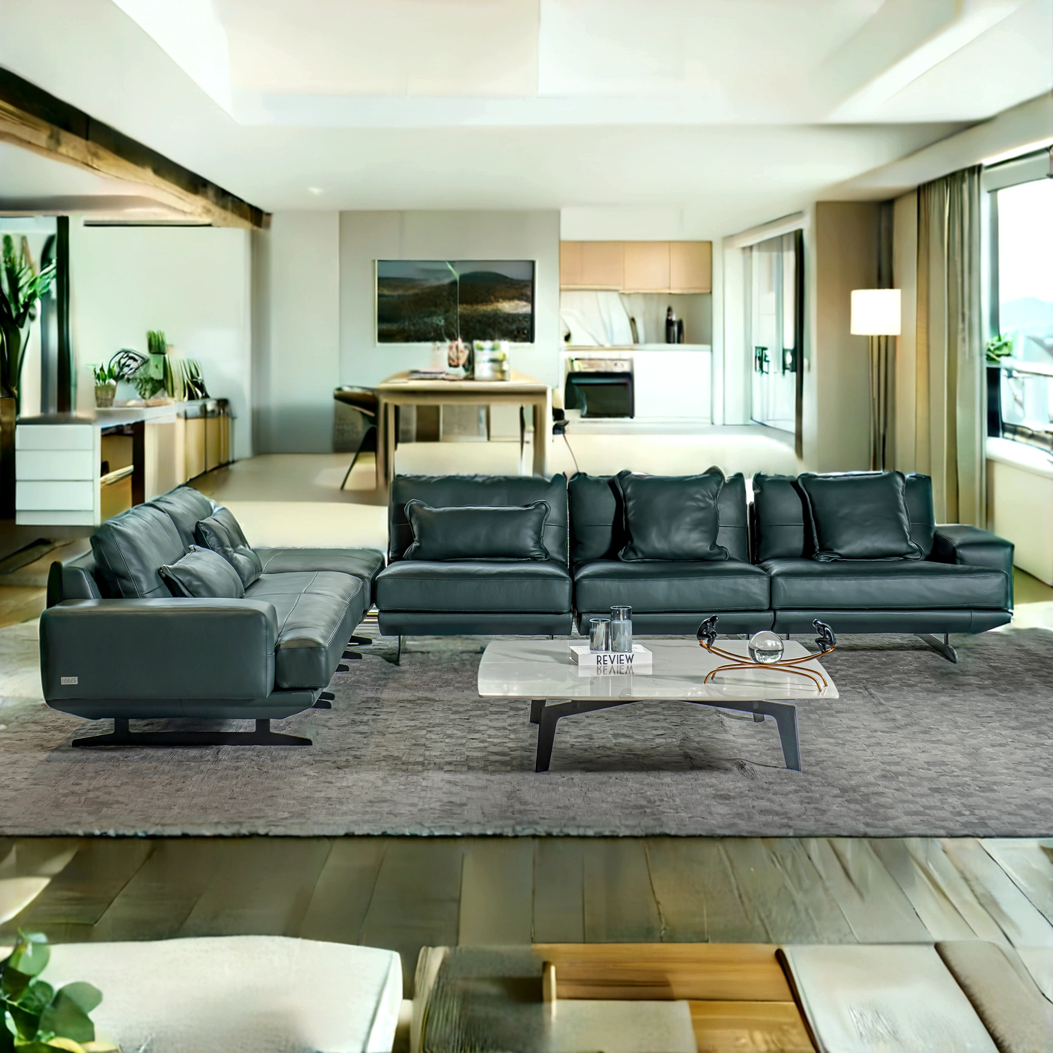 Perspective of a huge cozy living room and a kitchen with island, (((best quality))), (((ultra detailed))), (((masterpiece))), large wooden windows with natural light, beige sofas, wooden table, vase plants, modern minimalistic design, hyper realistic, masterpiece, highly detailed, digital painting, best quality, highres, detailed work, post-processing, creative studio, promo architectural photo