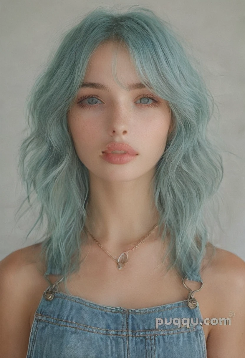 a 30yo american woman with short blue hair,black camisole,black halter top,big breast,realistic color palette,soft-focused realism,blue hair,short hair,blunt bangs,up half of body