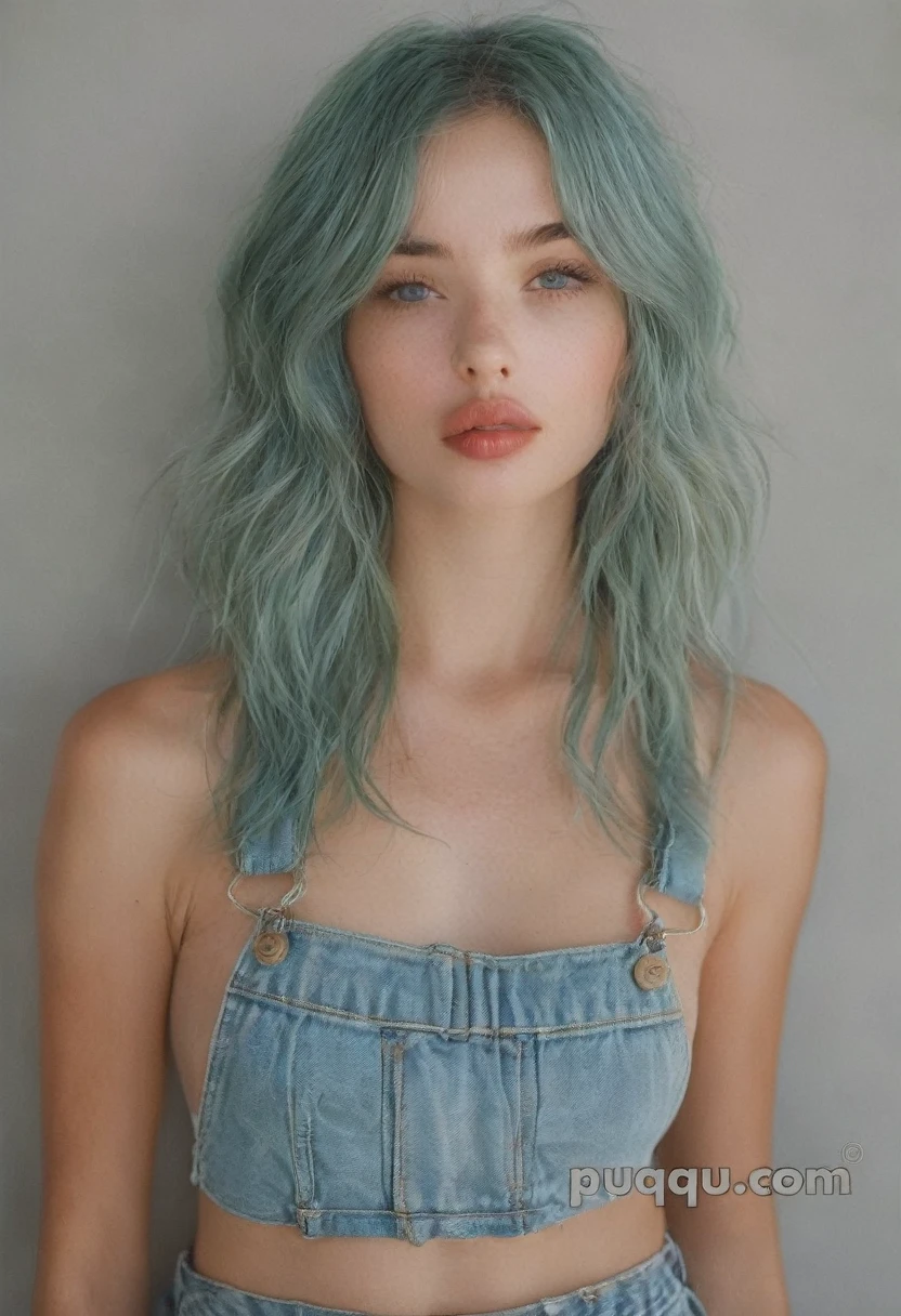 a 30yo american woman with short blue hair,black camisole,black halter top,big breast,realistic color palette,soft-focused realism,blue hair,short hair,blunt bangs,up half of body