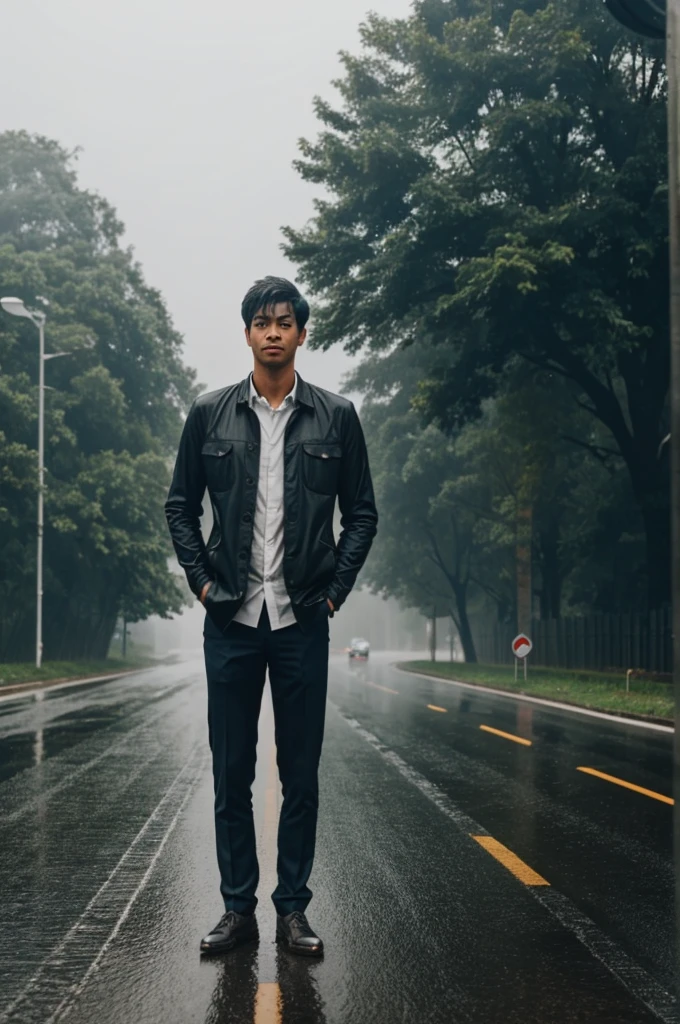 A guy with long hand standing in the road during rain alone