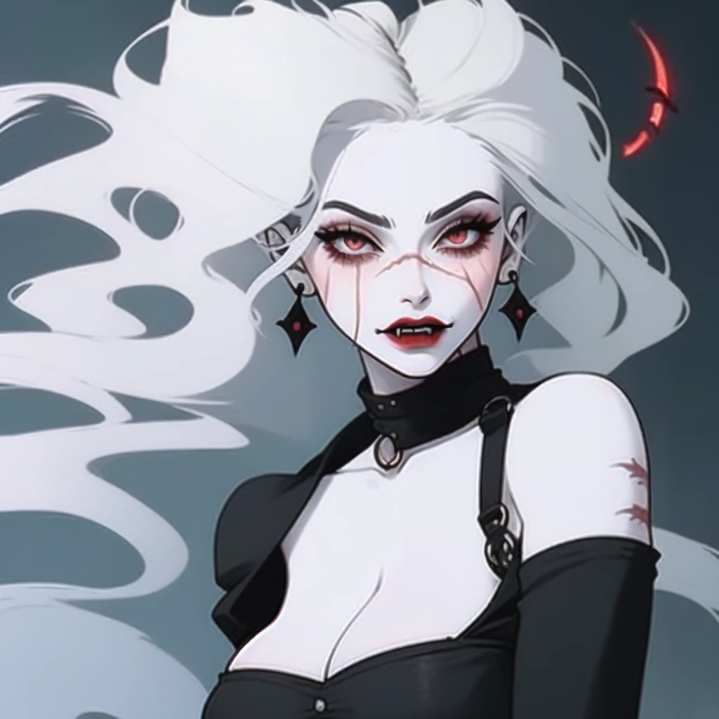 1 vampire girl, better_scar, veins, burn scar, scar on face, white hair, long choppy hair, blunt bangs,, vampire, pale skin, lipstick, lips, red lips, big breasts,, fangs ((solo half body portrait) high quality ((HD)) beautiful, sexy