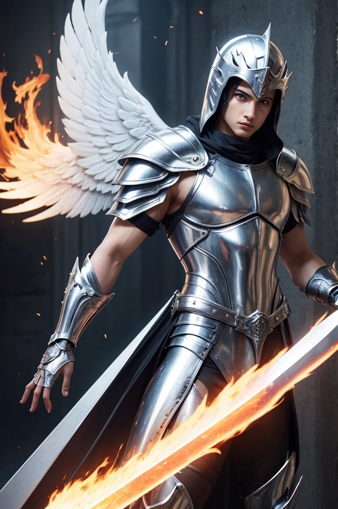No cap Michael Archangel holy warrior no helmet two flame sword huge silver wings