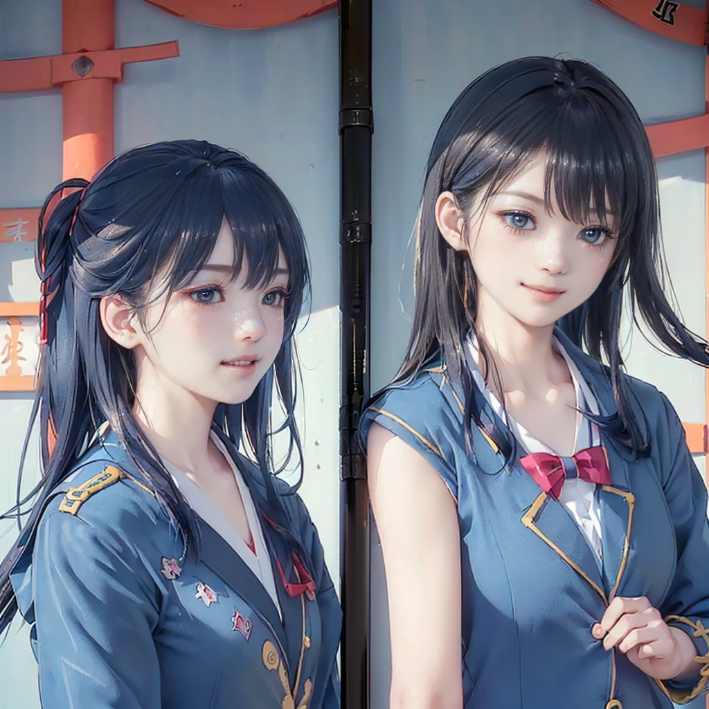 ((8K, RAW Photos, Highest quality, masterpiece), High-resolution RAW color photos、
Professional close-up photography, (Realistic, Photorealism: 1.37),
(Highest quality), (Best Shadow), (Best illustrations),(Facing forward:1.3)
best quality, masterpiece,
New Year,
Three Japanese high-school cute girls, looking straight, gently smiling,
(Japanese-blue-high-school-blazer-uniform:1.7),
Reddish bow tie, with a school bag,
((too much smile)), very cute, face, head and waist fully visible, (soft eyes:1.2)
upper arms hidden by clothes and hair,(innocent and pure high-school-girls:1.5)
,(The image shows only the upper body:1.7),
(separately side by side:1.4),
(The image shows only the upper body:1.7),
shrine background,(mount Fuji:1.3),
winter(season),(outdoors:1.5)