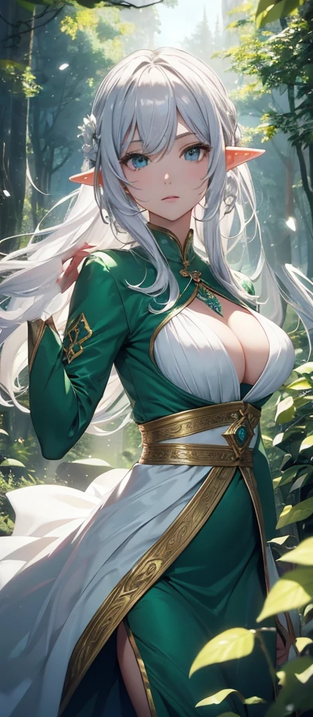 Elf Very beautiful dress Light Silver Hair Girl high and cold expression Green Forest magic masterpiece超高清牛仔镜头 明亮的画面,HolyElf,Around 20 years old,Floating in the air,Top quality,Top image quality,masterpiece,Exquisite facial details,Holy,