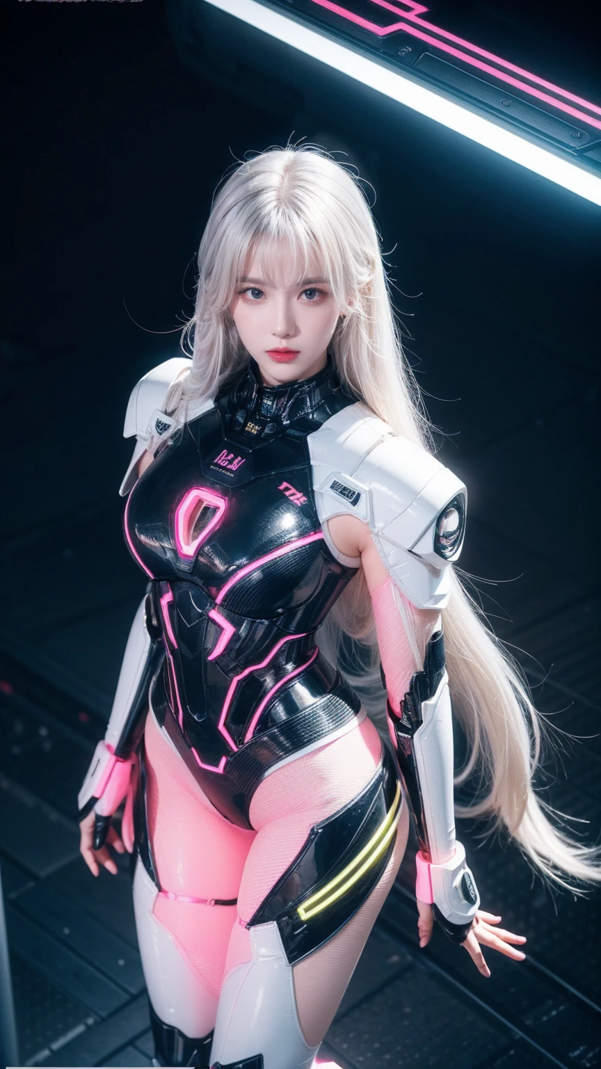 beautiful, Miss, Sexy face, Yellow eyes, White hair, slim, Sexy pose, Pink tights, Mecha, Neon, Lead Night City, Look from above, high quality, Practical, Beautiful light, fulldetail, black background