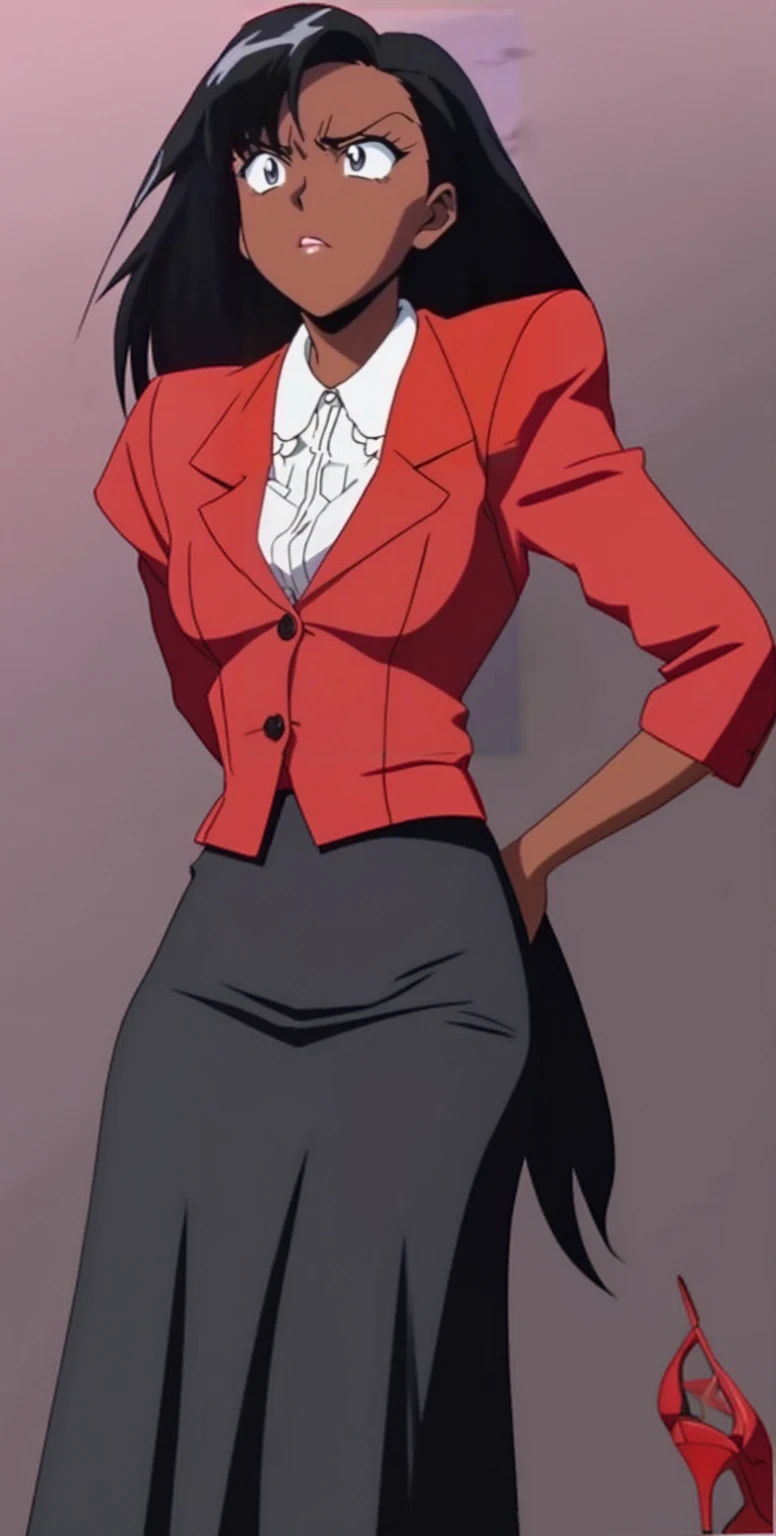 EVIL BLACK BUSINESS WOMAN WEARING A BLOUSE WITH A RED SKIRT SUIT 90s ANIME ARTSTYLE WITH RED HEELS FULL BODY