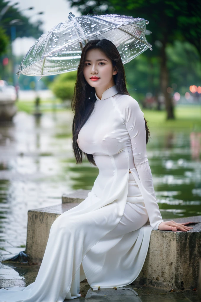 big breasts, round breasts, wearing bra inside ao dai, slim figure, beautiful figure, big breasts, long straight hair, ((sharp 8k quality photo)), ((details of beautiful, sharp face, face balanced) cho)), ((beautiful breasts, exposed cleavage, plump body), (( beautiful sparkling eyes, sharp eye details, beautiful face, balanced eyes)), (( sitting in the rain full body, wet ao dai revealing chest in the rain)), ((super beautiful body with high details, tight body with bust and slim waist)), ((round breasts, exposed chest, tight topless chest, nude, naked, no shirt)), ((it was raining heavily, there was no sunshine))