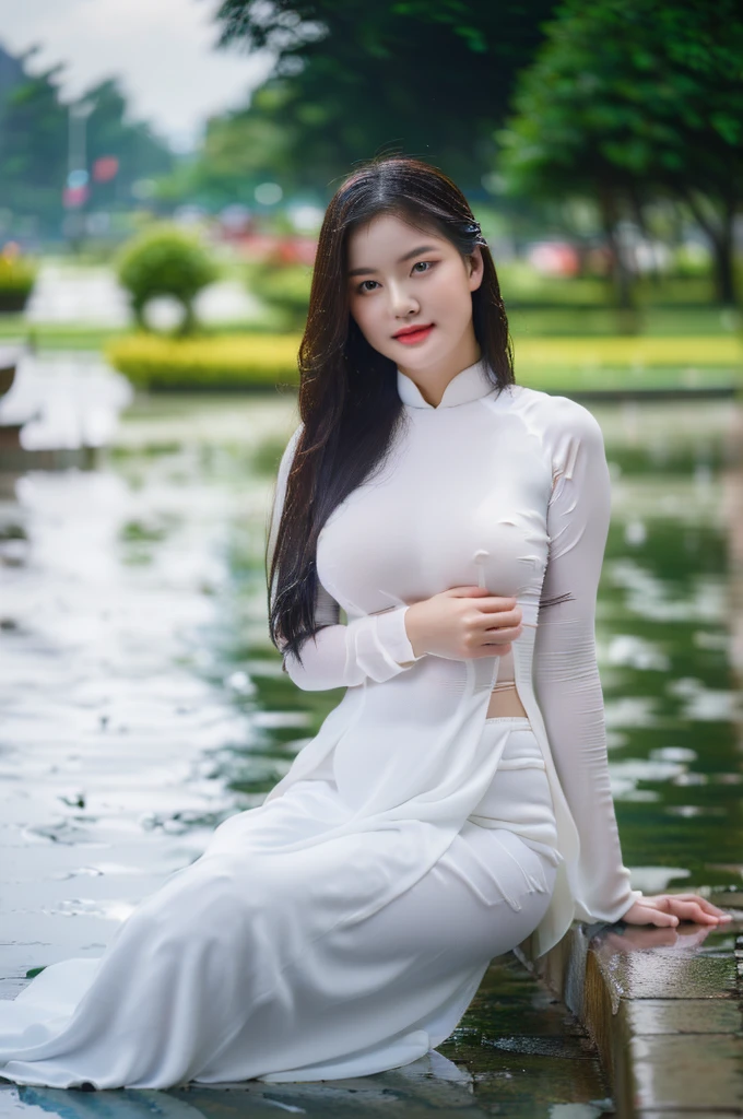 big breasts, round breasts, wearing bra inside ao dai, slim figure, beautiful figure, big breasts, long straight hair, ((sharp 8k quality photo)), ((details of beautiful, sharp face, face balanced) cho)), ((beautiful breasts, exposed cleavage, plump body), (( beautiful sparkling eyes, sharp eye details, beautiful face, balanced eyes)), (( sitting in the rain full body, wet ao dai revealing chest in the rain)), ((super beautiful body with high details, tight body with bust and slim waist)), ((round breasts, exposed chest, tight topless chest, nude, naked, no shirt)), ((it was raining heavily, there was no sunshine))