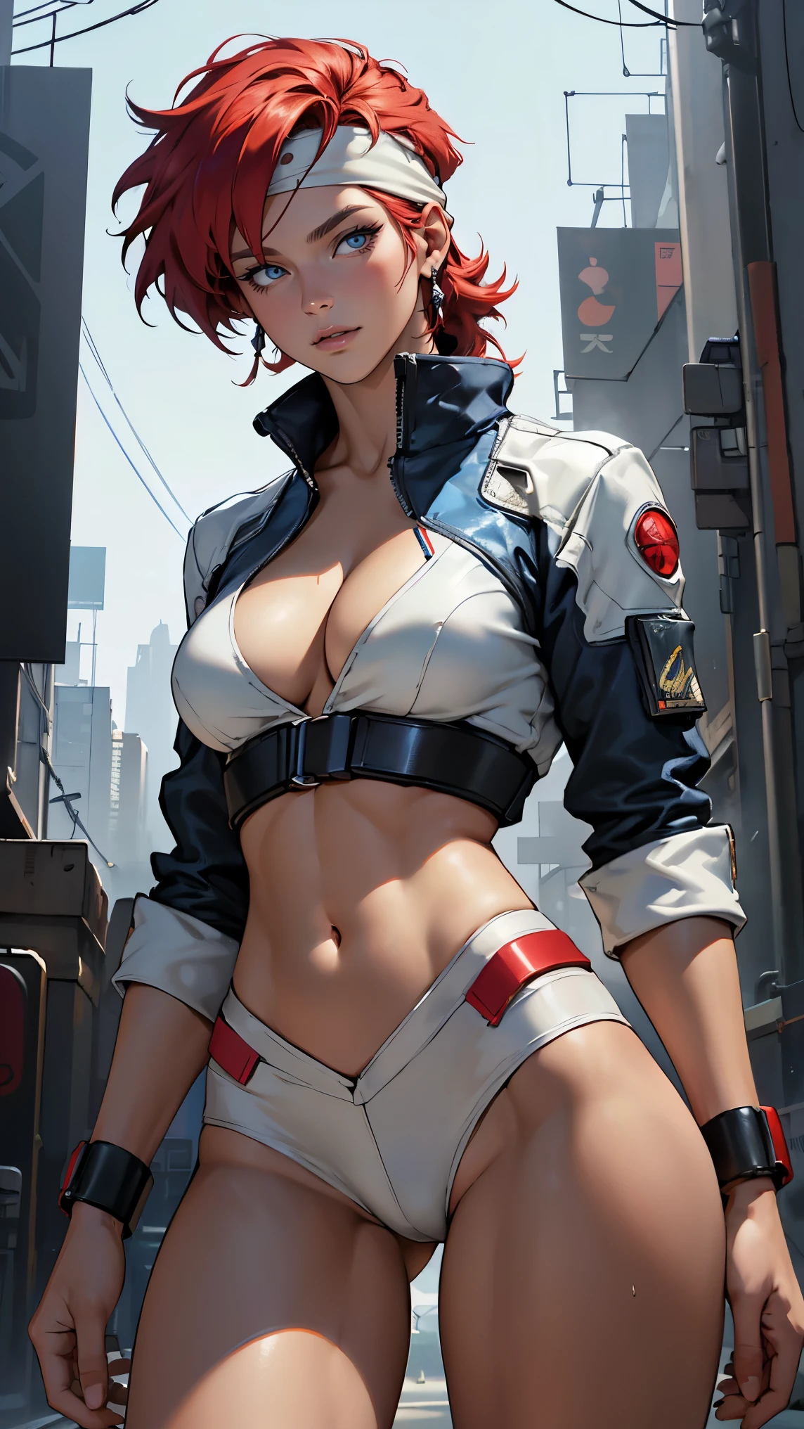 ((Masterpiece, highest quality; 1.3)), super quality, beautiful detail, super detailed, extra fine, 16K, exquisite, absurd, high resolution, beautiful background, detailed background, beautiful eyes, beautiful skin, anime style, Kay from Dirty Pair in a white outfit, tight outfit, cleavage, bushy redhead beauty, very light blue uniform, wearing tight clothes, skimpy, (mid chest: 1.2), cleavage, cleavage, slim waist , thin waist, slim thighs, thin legs, slim legs. thigh gap, showing stomach, skinny, thin hips, cyberpunk city background, holding retro space gun , headband, 