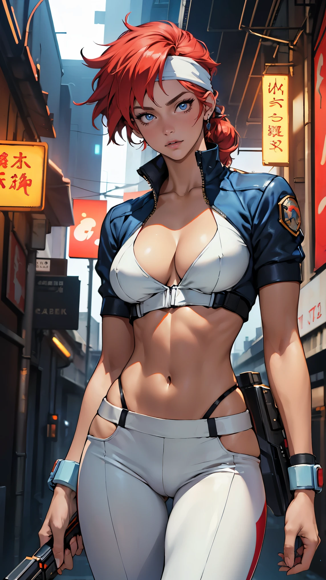 ((Masterpiece, highest quality; 1.3)), super quality, beautiful detail, super detailed, extra fine, 16K, exquisite, absurd, high resolution, beautiful background, detailed background, beautiful eyes, beautiful skin, anime style, Kay from Dirty Pair in a white outfit, tight outfit, cleavage, bushy redhead beauty, very light blue uniform, wearing tight clothes, skimpy, (mid chest: 1.2), cleavage, cleavage, slim waist , thin waist, slim thighs, thin legs, slim legs. thigh gap, showing stomach, skinny, thin hips, cyberpunk city background, holding retro space gun , headband,