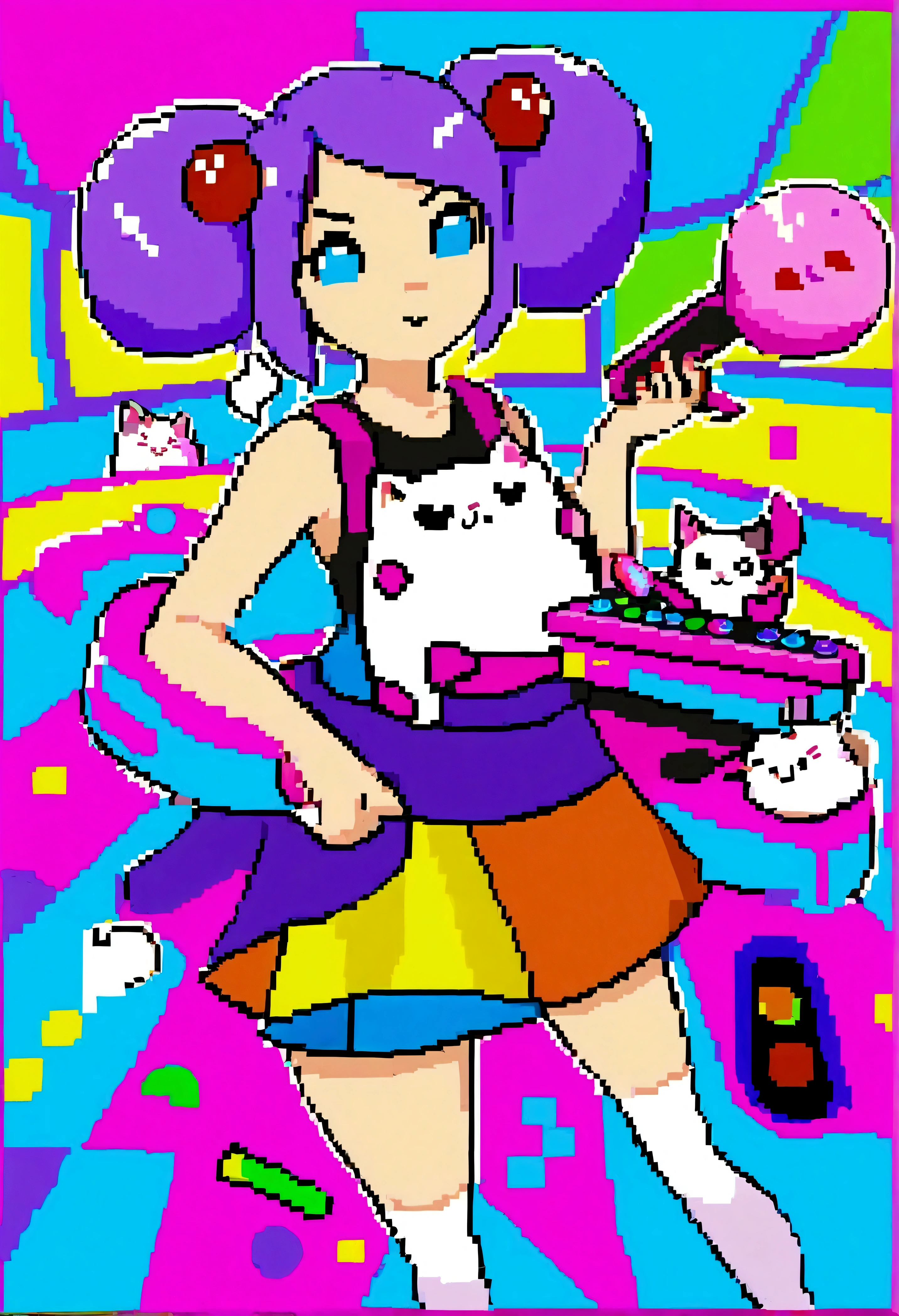 Twitch gamer (woman, 22, tight top, miniskirt, blaster rifle (comical oversized arcade style)) surrounded by cute cat-themed gadgets in a candy-colored, playful arcade wonderland