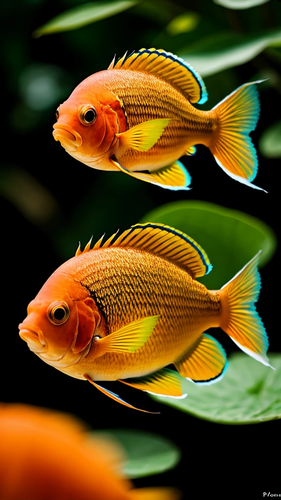 realistic photo of a Mandarin fish, yellow lines, dramatic patterns, highly detailed, bokeh, vibrant colors
