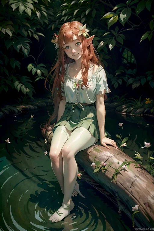 (watercolor: 1.2), elf princess, flower, freckles, bangs, redhead, long hair, green eyes, hair between eyes, flower earrings,Full body, sitting on a log in the middle of the forest, smiling, quite delicate, blurred background, high resolution (cena detalhada,cinematografica,iluminação natural)arte inspirada em Alphonse Mucha