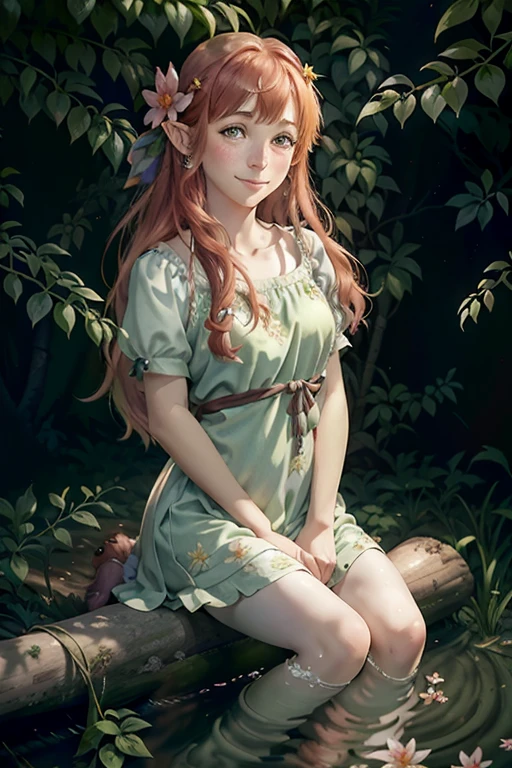 (watercolor: 1.2), elf princess, flower, freckles, bangs, redhead, long hair, green eyes, hair between eyes, flower earrings,Full body, sitting on a log in the middle of the forest, smiling, quite delicate, blurred background, high resolution (cena detalhada,cinematografica,iluminação natural)arte inspirada em Alphonse Mucha