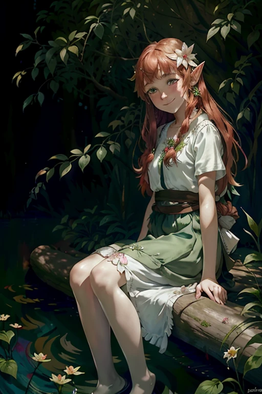 (watercolor: 1.2), elf princess, flower, freckles, bangs, redhead, long hair, green eyes, hair between eyes, flower earrings,Full body, sitting on a log in the middle of the forest, smiling, quite delicate, blurred background, high resolution (cena detalhada,cinematografica,iluminação natural)arte inspirada em Alphonse Mucha