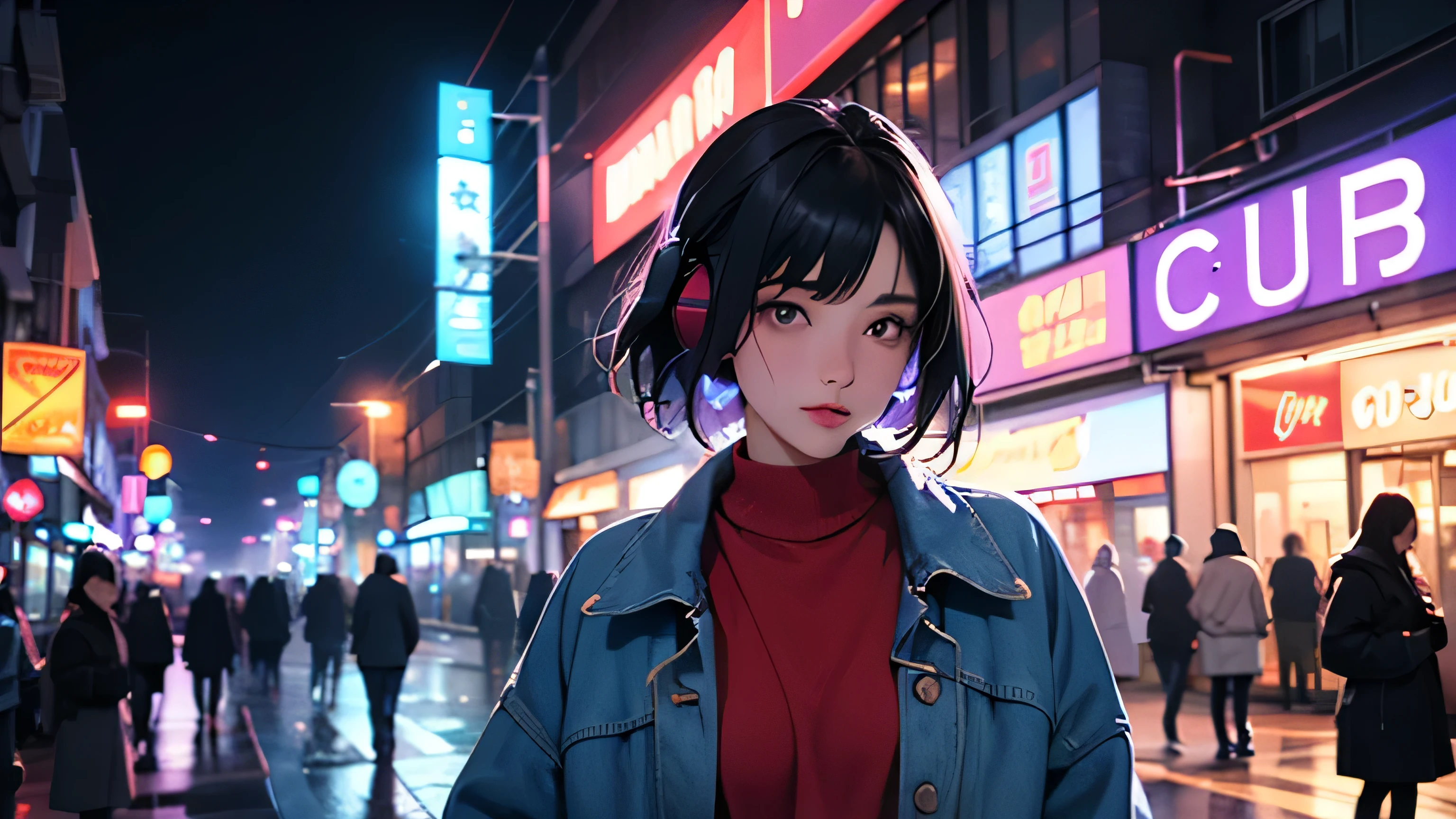 A young woman with short dark hair, wearing oversized headphones and a casual outfit like a loose sweater or jacket
Neon signs in various colors, particularly red, blue, and purple, illuminating the scene
Wet streets reflecting the neon lights, creating a mirror-like effect
Soft focus or slight blur to create a dreamy atmosphere
A few distant silhouettes of people or cars to suggest a living city
Subtle touches of nostalgia, like a vintage store front or old-fashioned street lamps
A color palette dominated by deep blues and purples, with pops of neon colors
Light rain or mist to enhance the moody atmosphere