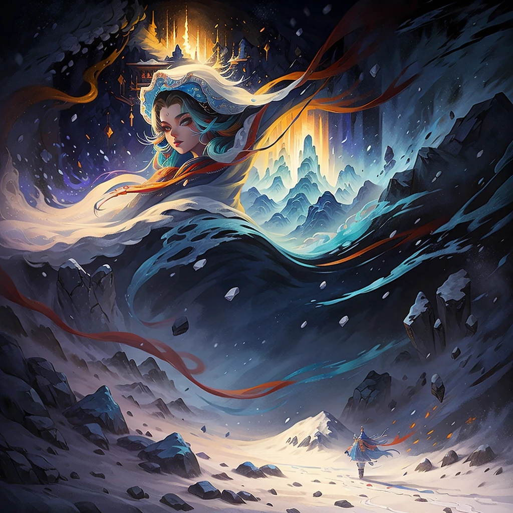 painting of a snowy mountain path with tibetan prayer flags, painterly illustration, colorful concept art, a beautiful artwork illustration, jen bartel, in the snow mountains, colorful digital painting, painterly concept art, by Simon Gaon, winter concept art, inspired by Tuomas Korpi, jessica rossier color scheme, with a snowy mountain and ice