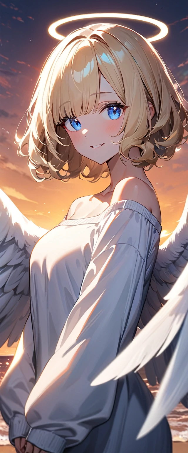 (((One girl))), full wing, flying in the sky, upper body, ((angel, big big white wings:1.2, halo:1.3)), Uriel, ((wavy hair, outward curled hair)), evening, Sunset, sea, beach, ((blond hair, bob cut:1.3)), big breasts, ager, (looking at viewer), oversized clothes, puffy long sleeves, collarbone, ((off-shoulder sweater dress:1.3, Quite thick shoulder straps)), (((sleeves past wrists:1.3))), ((white sweater)), collarbone, head tilt:1.3, (((blue eye))), ((happy smile)), (((anime style))), (best quality, 4K, 8K, highres, masterpiece:1.2, ultra-detailed, ultra-detailed eyes, HDR, uhd, studio lighting, ultra-fine painting, sharp focus, physically-based rendering, extreme detail description, professional, vivid colors, bokeh), ((Highest quality, Best image quality, Ultra-high resolution, Ultra-high resolution, solo, Strong eye highlights)), Depth of written boundary, Natural soft light, attractive, Beautiful Face, Cleanliness, Pure Face, medium chest, Beautiful Face, Perfect Fingers, Perfect hands, Perfect body, Perfect Face, Shine a light into your eyes, Perfect Anatomy