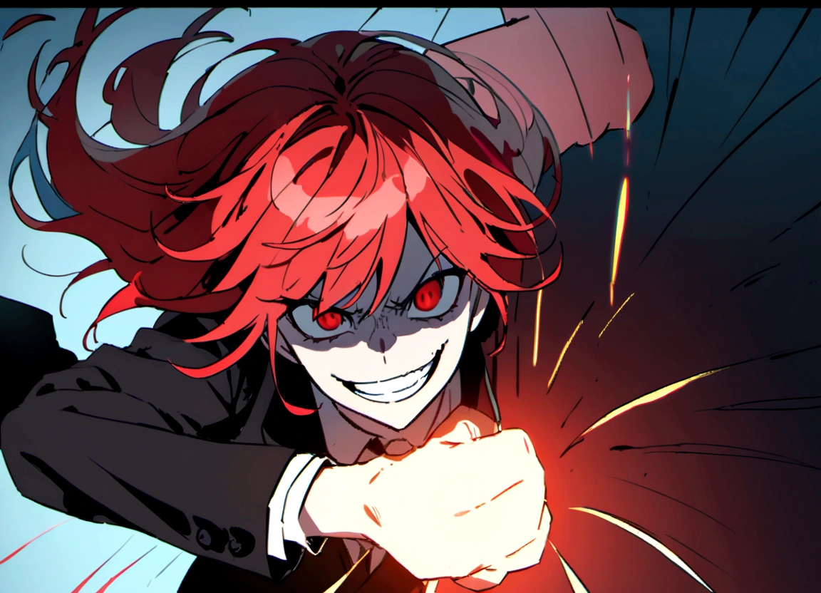 Red hair、Black suit、punch、Scary smile、office、Daytime、punching