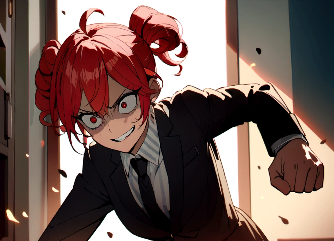 Red hair、Black suit、punch、Scary smile、office、Daytime、punching